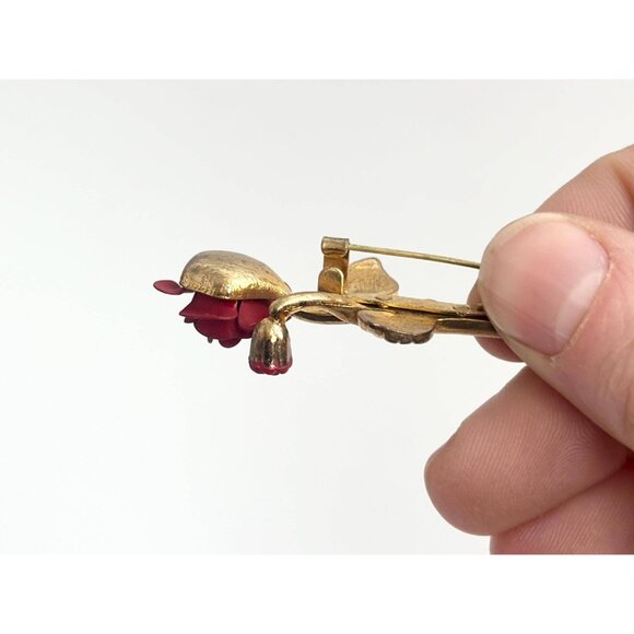 Blooming Red Rosebud Vintage Floral Costume Jewelry Brooch | Lapel Pin - Picture 5 of 10